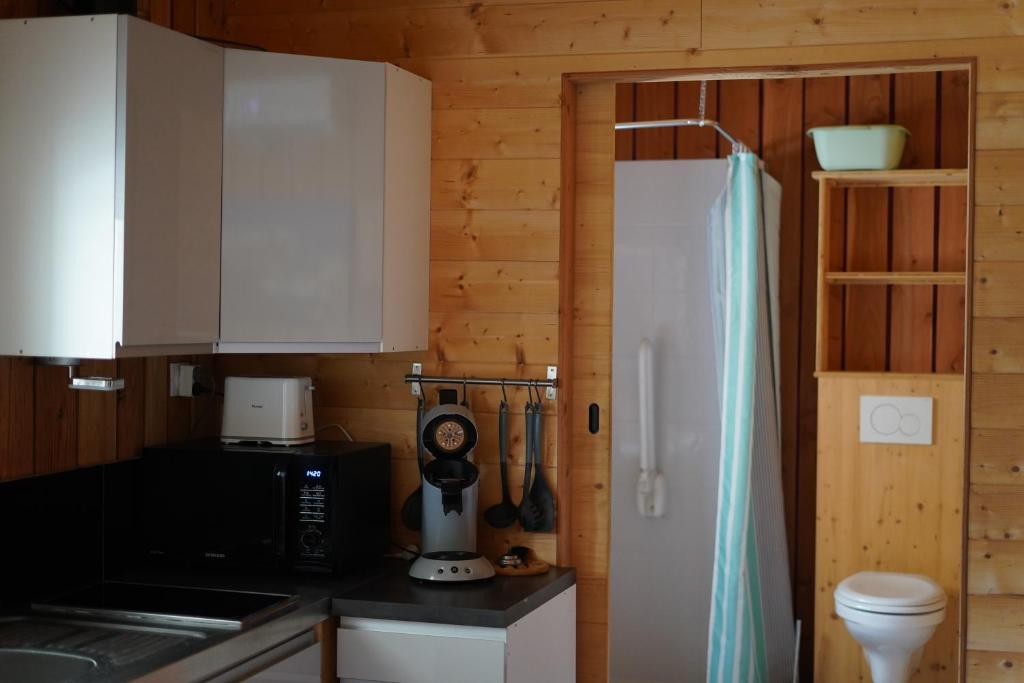 a kitchen with a white refrigerator and a microwave at Family&#39;s Camping Le Savoy in Challes-les-Eaux