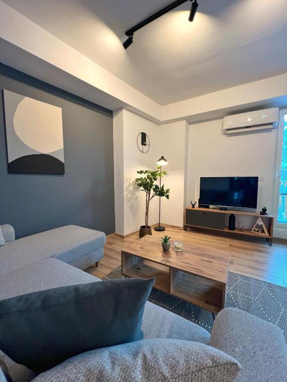 Green Escape Mavrovo في مافروفو: غرفة معيشة مع أريكة وتلفزيون