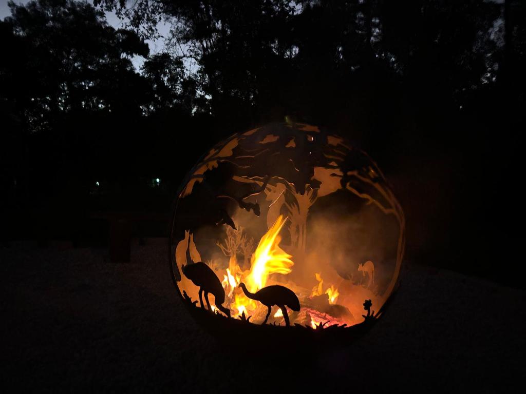 a ball with a fire in front of it at Widgereedoo Farm. Vineyard views. Peaceful retreat. in Tamaree