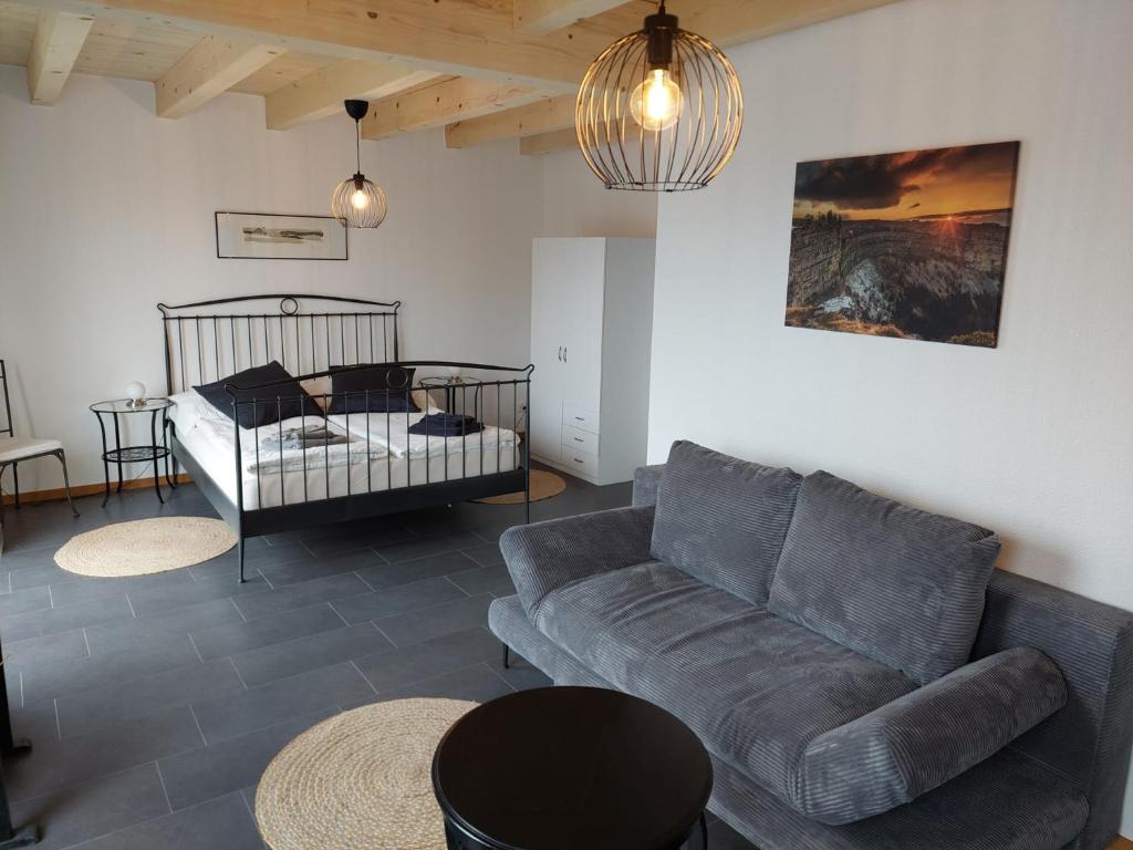 a living room with a couch and a bed at BNB Les Prises in Les Ponts-de-Martel