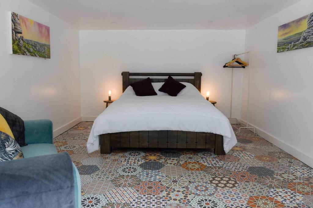 普里茅斯的住宿－LUCKY TOR，一间卧室配有一张床、一把椅子和两盏灯。