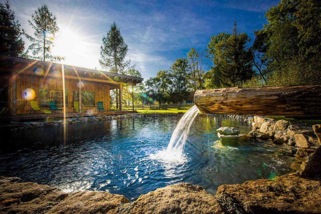 een zwembad met een waterval in het midden van een tuin bij Holiday Home Holiday Raj in Bešeňová