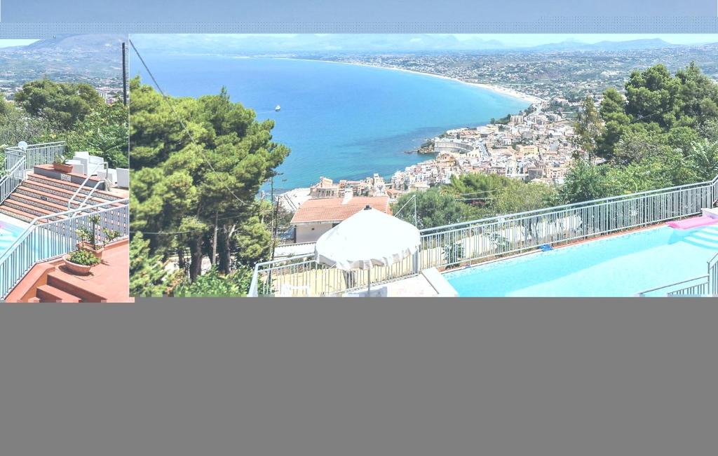 a collage of two pictures of a swimming pool and the ocean at Villa Belvedere in Castellammare del Golfo