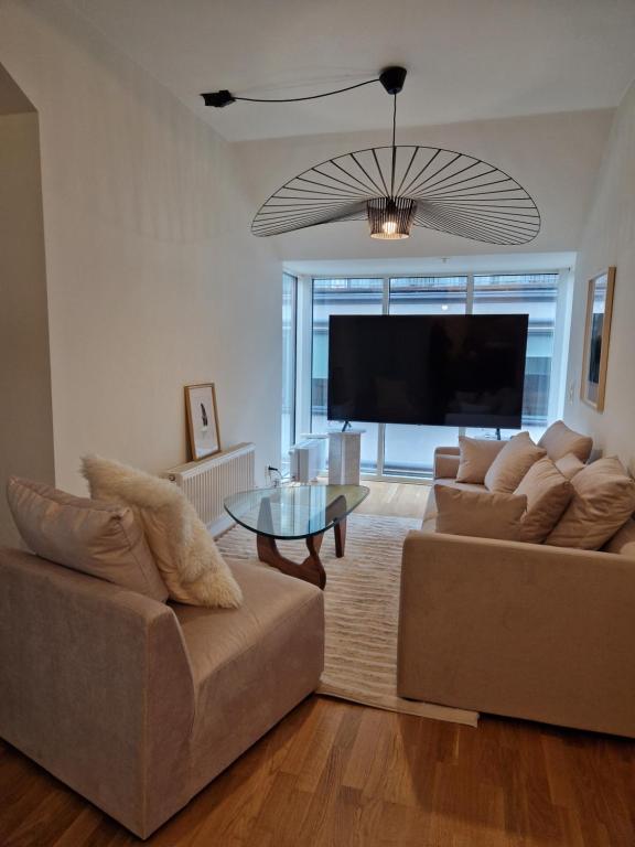 a living room with two couches and a flat screen tv at Gothenburg City Apartment in Gothenburg