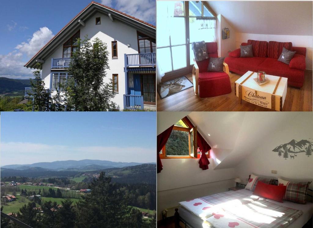 un collage di quattro foto di una camera da letto e di una casa di Ferienland Sonnenwald Fewo 46 a Langfurth 