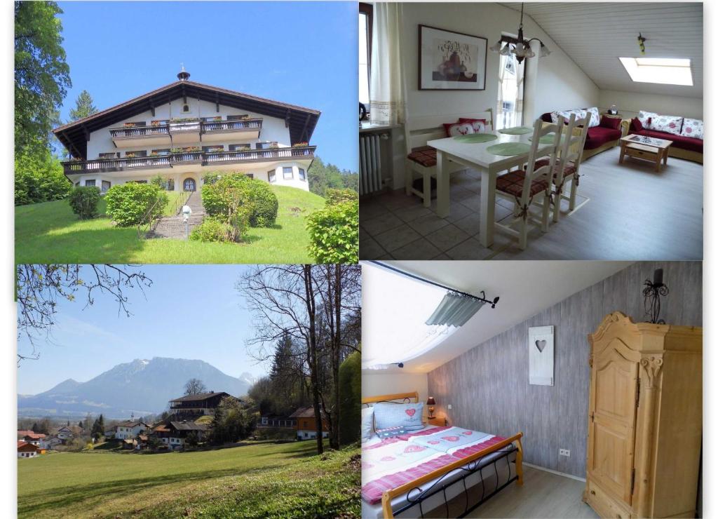 uma colagem de quatro fotos de uma casa em Ferienwohnung 28 im Bergschlössl , an der Grenze zu Tirol em Oberaudorf