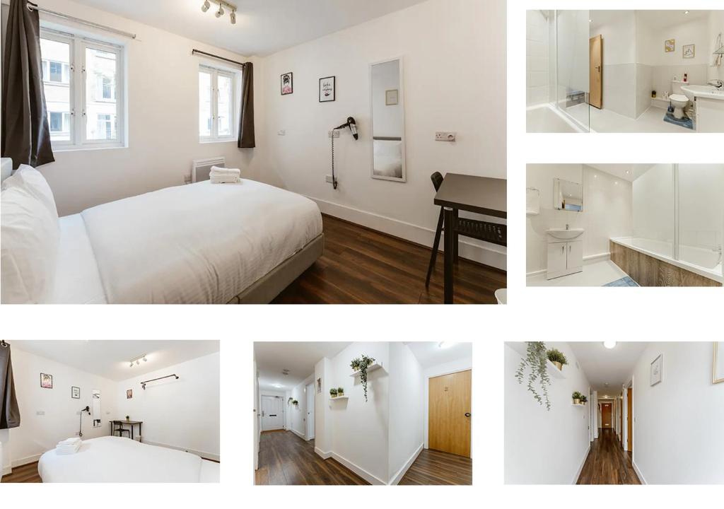een collage van foto's van een slaapkamer en een badkamer bij Renovu Exclusive Rooms London in Londen