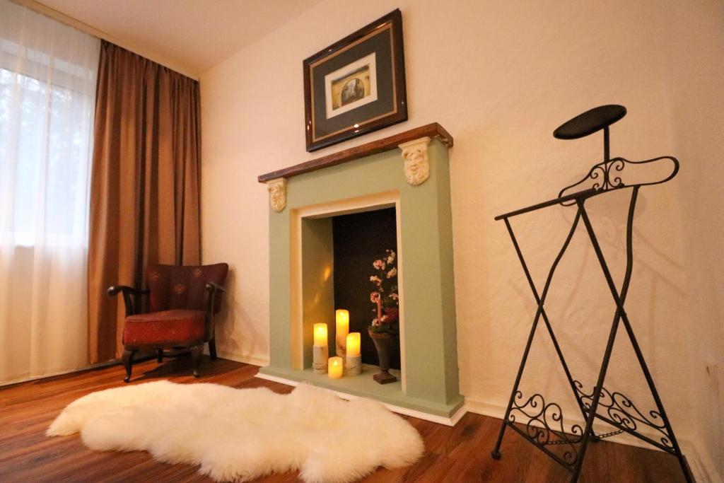 sala de estar con chimenea y alfombra blanca en Birgits Landhaus Willingen, en Willingen