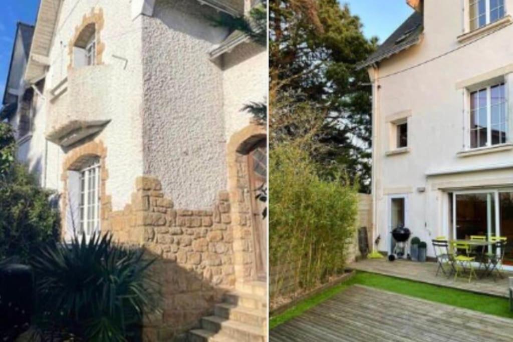 deux photos d'une maison avec un mur en pierre dans l'établissement Maison 8 personnes, quartier Benoit, 300m plage, à La Baule