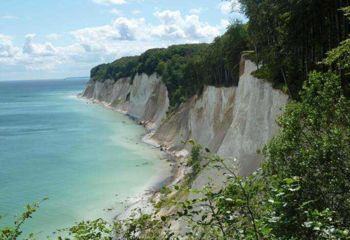 a view of the ocean and a beach with cliffs at Radlerhaus Prora in Prora