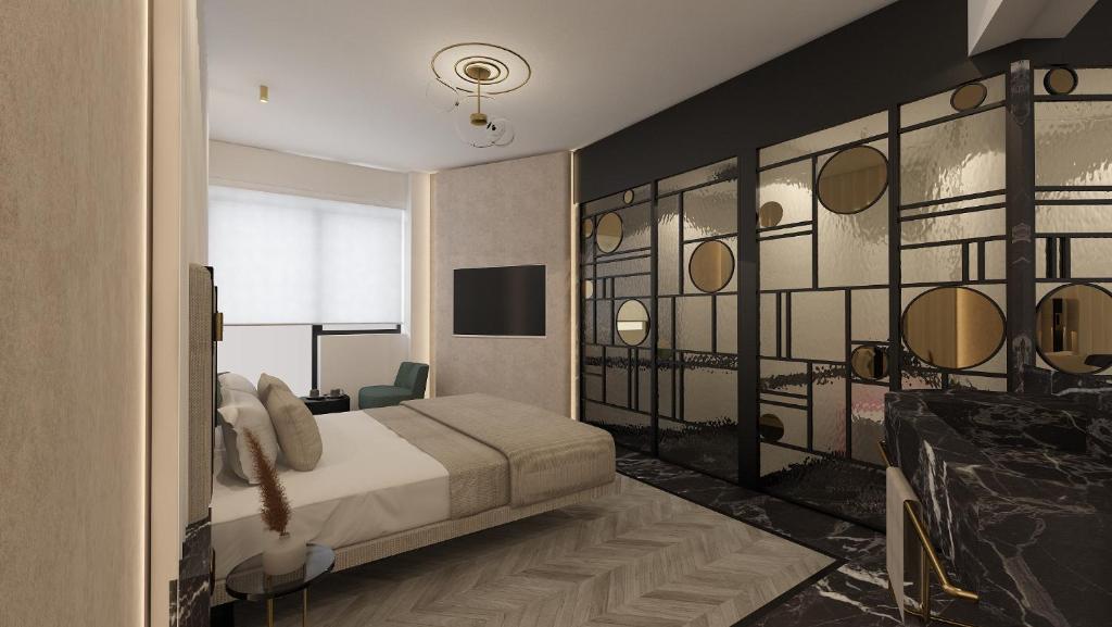ein Schlafzimmer mit einem Bett und einer Wand mit Planeten in der Unterkunft Esse Athens in Athen