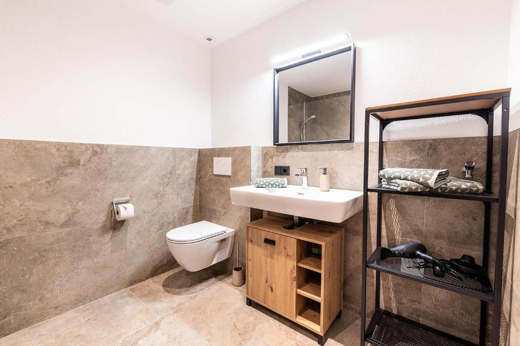ein Badezimmer mit einem Waschbecken, einem WC und einem Spiegel in der Unterkunft Apartment Tschirgant Deluxe in Imst