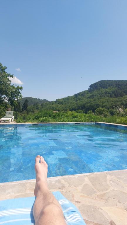 une personne se posant au bord d'une piscine dans l'établissement Appartement Le Nid des hirondelles tout confort au cœur de la nature dans un véritable Mas Cévenol, à Générargues