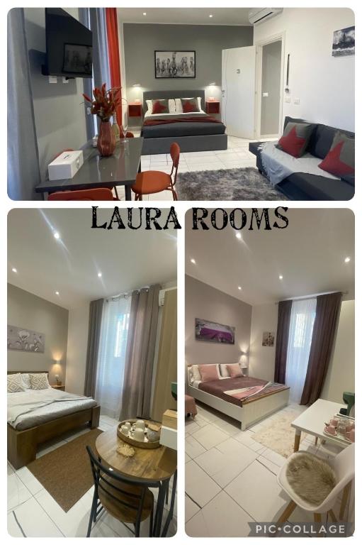 un collage de quatre photos d'un salon dans l'établissement Laura Rooms, à La Spezia