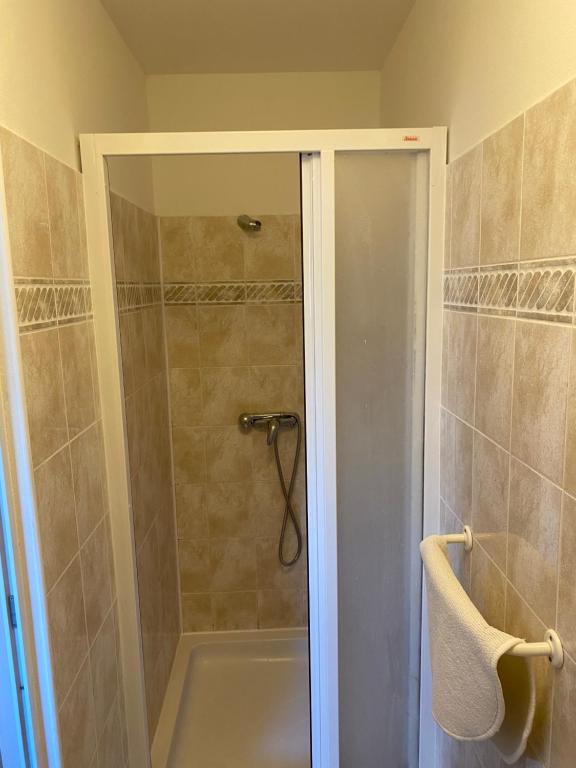 y baño con ducha y puerta de cristal. en Penzion BeSeDa, en Bratronice