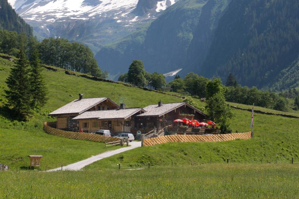 a log cabin on a hill with mountains in the background at Senninger Alm in Hollersbach im Pinzgau