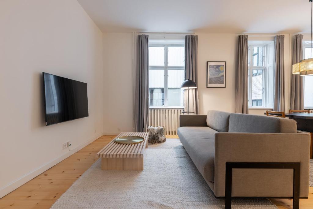a living room with a couch and a tv at Stunning 5 BR Flat by The Lakes in Copenhagen