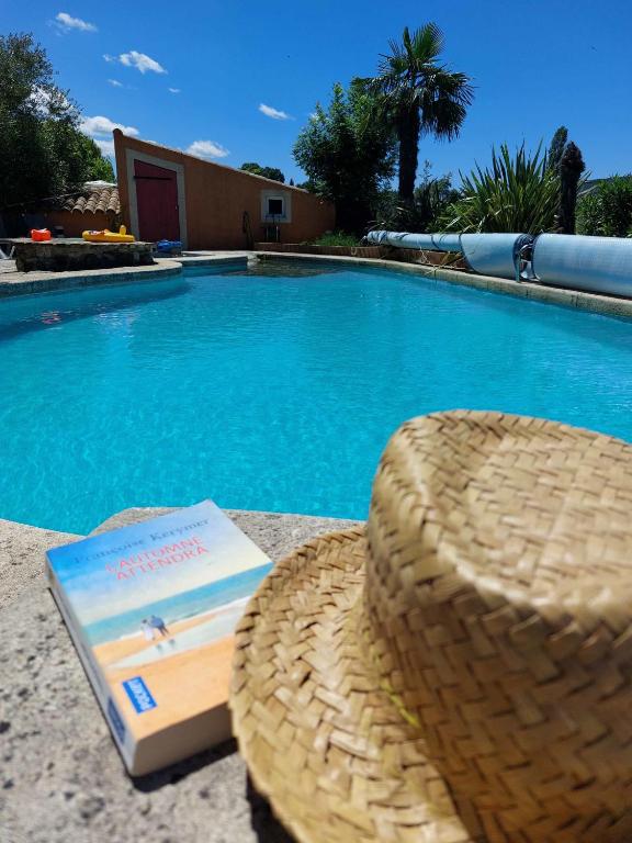 - un livre et une chaise à côté de la piscine dans l'établissement Gîtes La Musardière, à Alba La Romaine