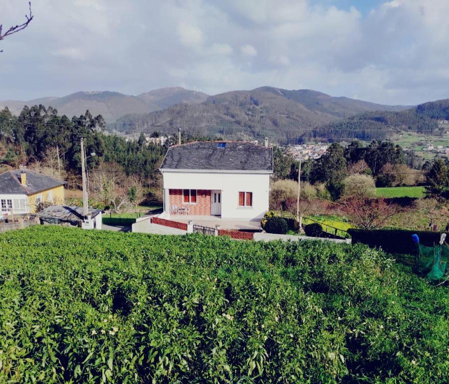 una casa blanca en una colina con montañas en el fondo en Casa familiar con finca privada (Orolterra), en Viveiro