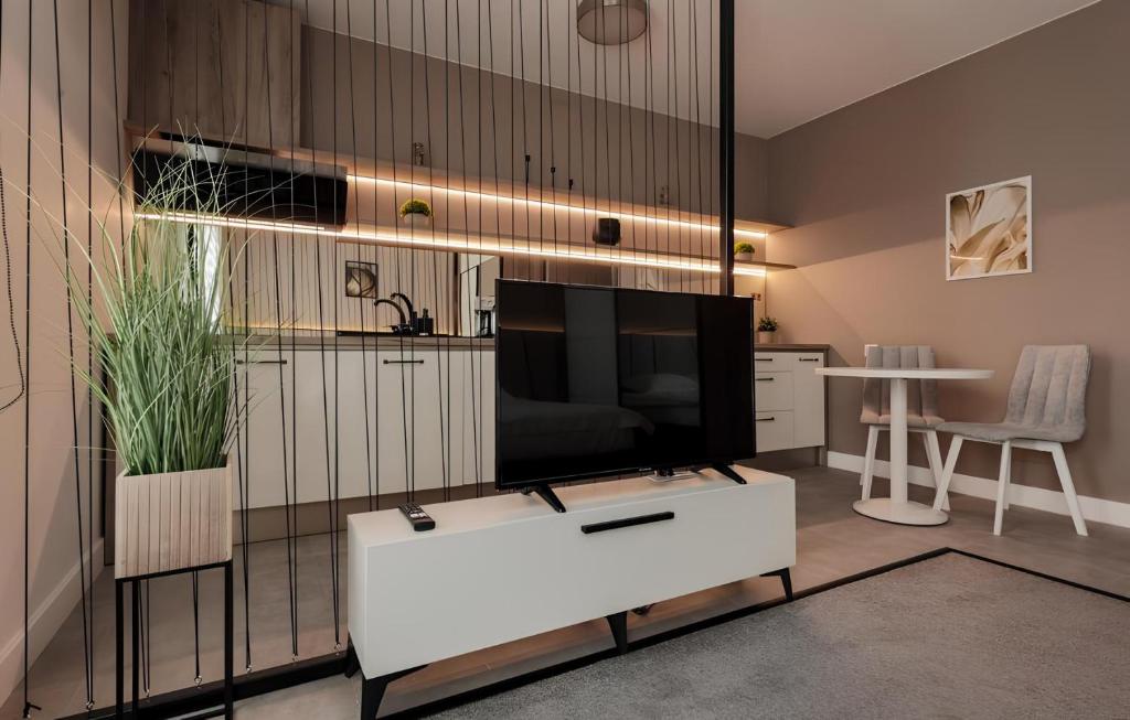 un salon avec une grande télévision et une table dans l'établissement GAVAS Cozy Studios Central David Prodan, à Cluj-Napoca