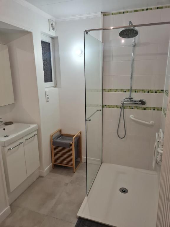 uma cabina de duche em vidro na casa de banho com um lavatório em Au rayon du soleil em Roye