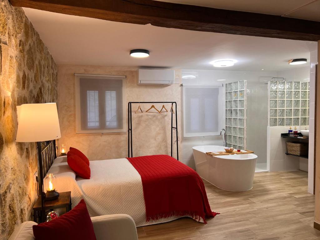 a bedroom with a bed and a tub and a sink at La Mansión de La Adrada in La Adrada