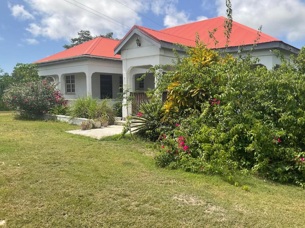 a white house with a red roof and some flowers at Rustic home on large land of fruit trees- 15 Minutes to English Harbour in All Saints