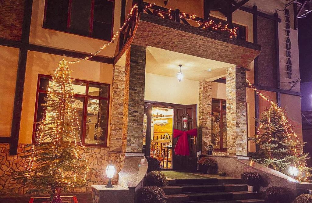 a building with christmas trees and lights on it at Hincesti Hotel in Hînceşti