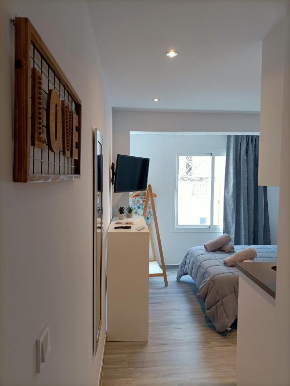 a room with a bed and a desk with a television at Marbella-Peñuelas Old Town Apartments in Marbella