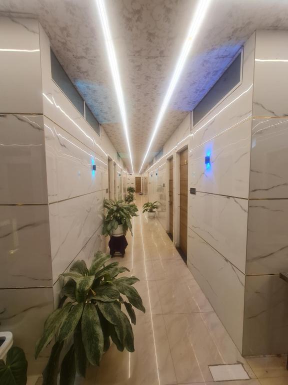 un corridoio con piante in vaso in un edificio di Taj lodge a Belgaum