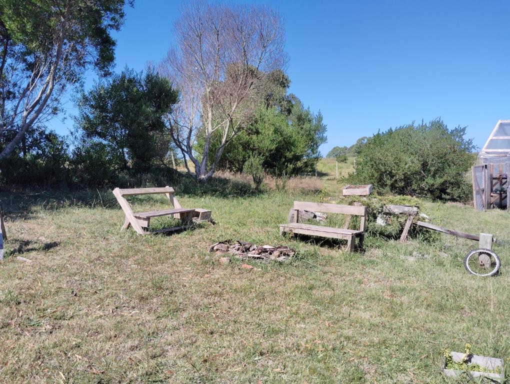 two benches sitting in the grass in a field at habitación en casa de campo in La Paloma