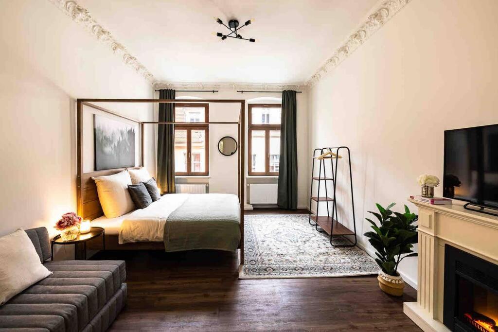 1 dormitorio con 1 cama y chimenea en Design Appartment Altstadtperle auf Wunsch mit Parkplatz, en Pirna