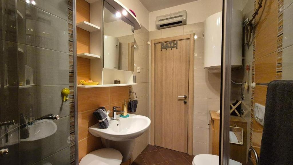 a bathroom with a sink and a toilet and a shower at Apartment Family in Matulji