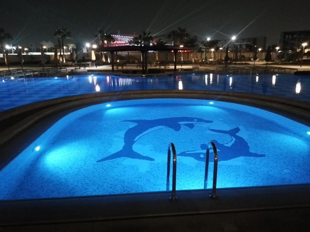 uma piscina à noite com golfinhos na água em Gardenia city apartments - 35342 em Cairo