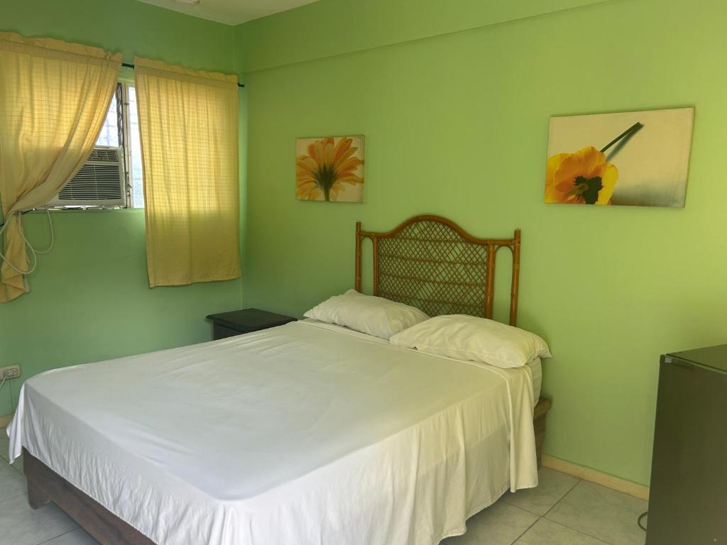 a bedroom with a bed and two pillows on it at Coco Hotel and Hostel in Sosúa