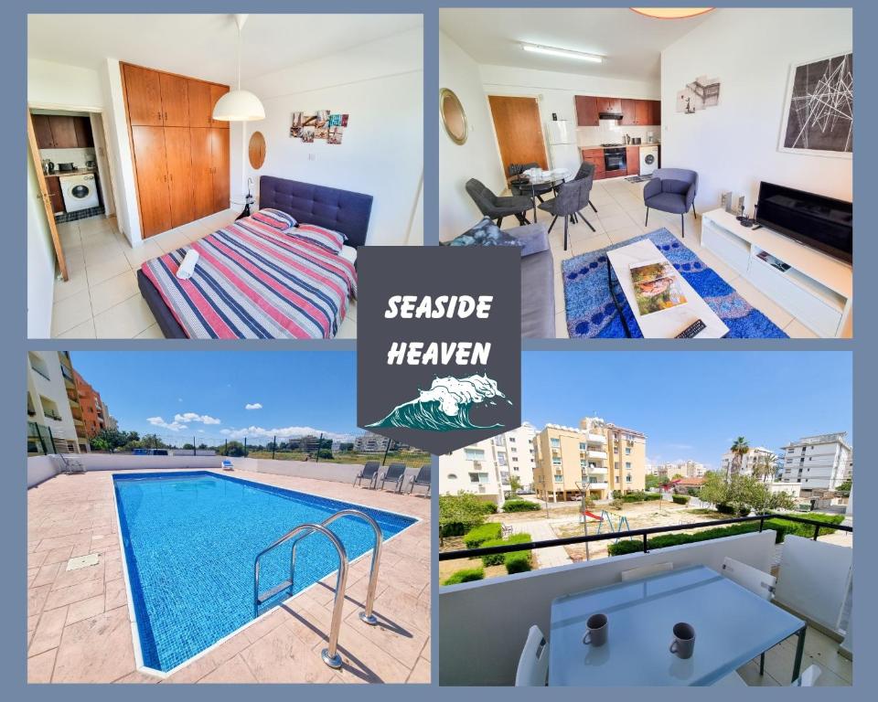 a collage of photos of a apartment with a swimming pool at Seaside Heaven Apartment With Pool in Larnaca
