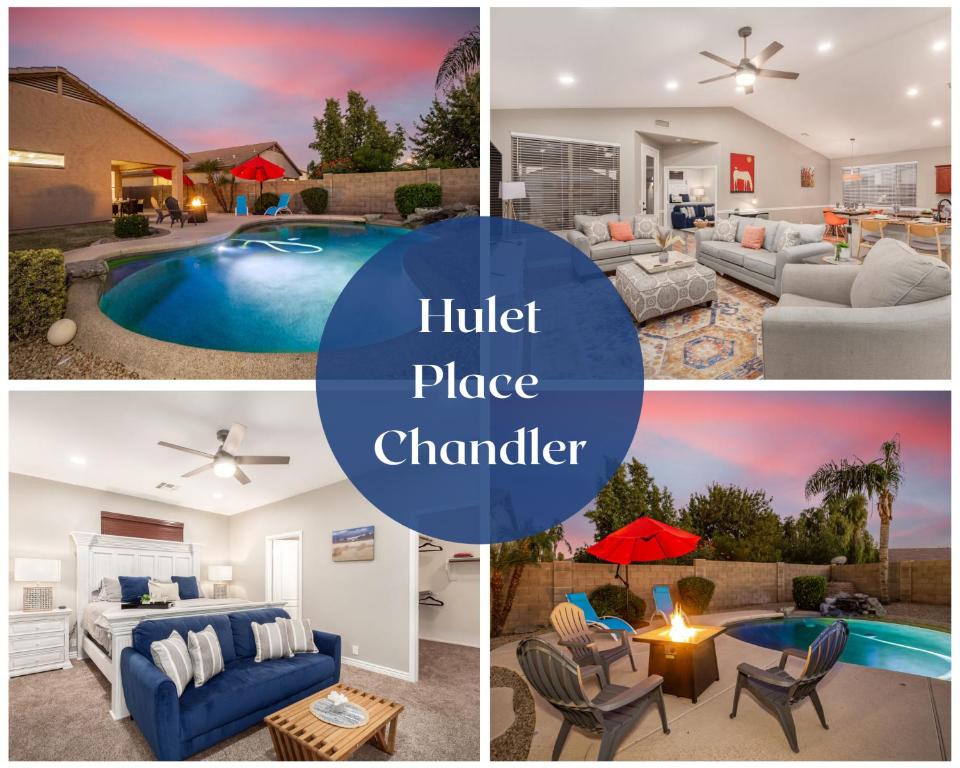 uma colagem de imagens de uma sala de estar e de uma casa em Awesome Chandler Home with Heated Pool! home em Chandler
