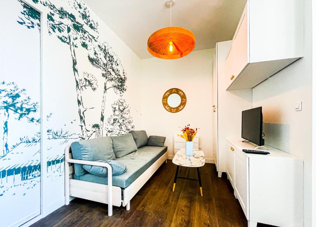 een woonkamer met een bank en een tv bij Élégant et lumineux appartement à proximité de tous les lieux d'intérêt in Biarritz