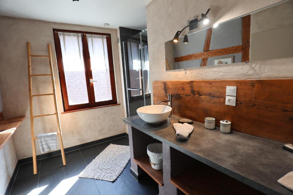 bagno con lavandino e specchio di Les Authentics - La Maison d'Amélie a Riquewihr