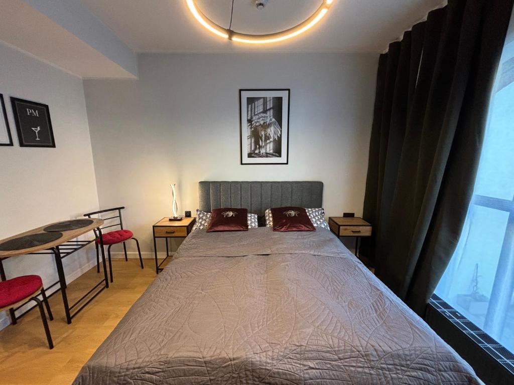 um quarto com uma cama, uma mesa e cadeiras em CENTRUM PLAC WOLNOŚCI 6, Faktura VAT, bezkontaktowe zameldowanie em Poznań