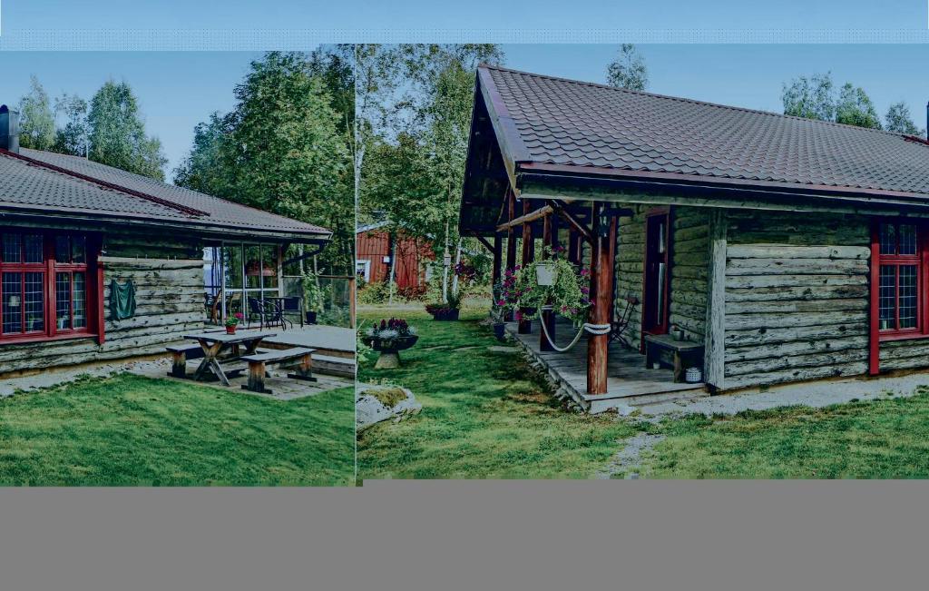 dos fotos de una cabaña con una mesa de picnic en Nice Home In Mellerud With Sauna en Torp