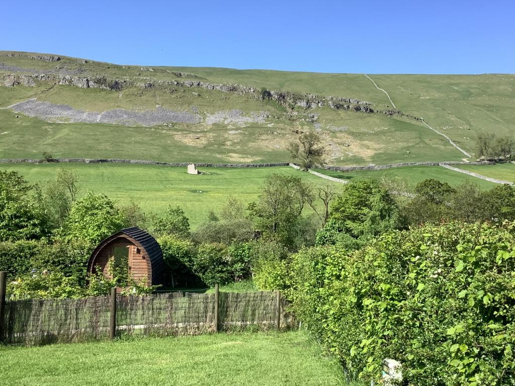 een klein gebouw in een veld met een hek bij Wharfe Pod in Kettlewell