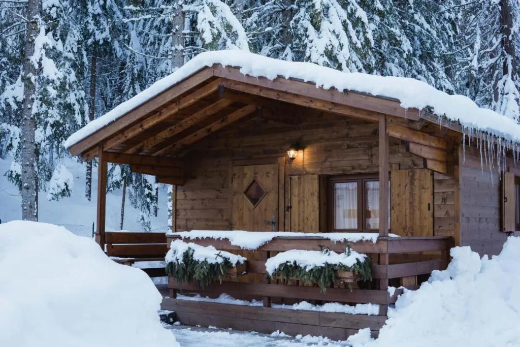 a log cabin in the snow at International Camping Olympia in Maion