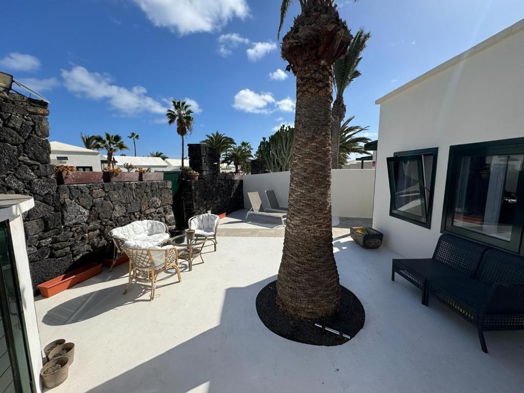 een palmboom op een patio naast een gebouw bij Luxury Bungalow Playa Roca in Costa Teguise