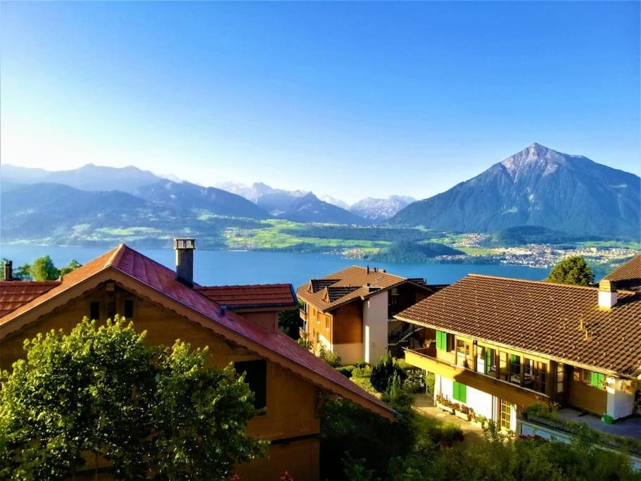 a group of houses with mountains in the background at Studio an traumhafter Lage in Sigriswil