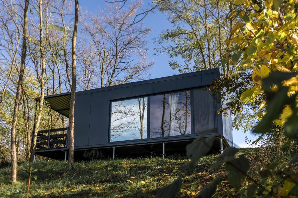 a black house on a hill with trees at Stüble Kabinok in Somogyhárságy