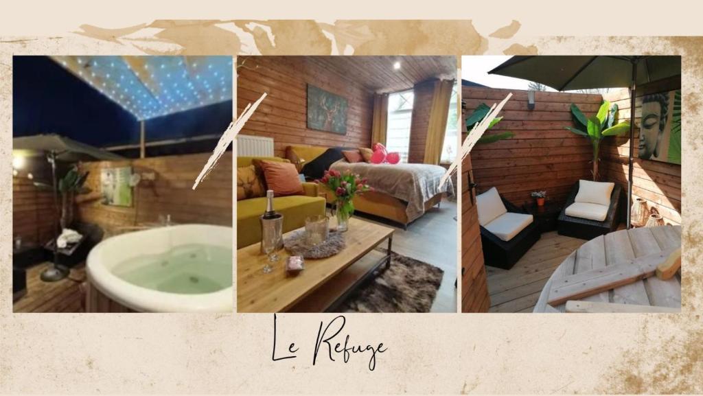 a collage of pictures of a bathroom with a tub at Maison d'hôte Les Notes Endormie Suite Le Refuge in Walcourt