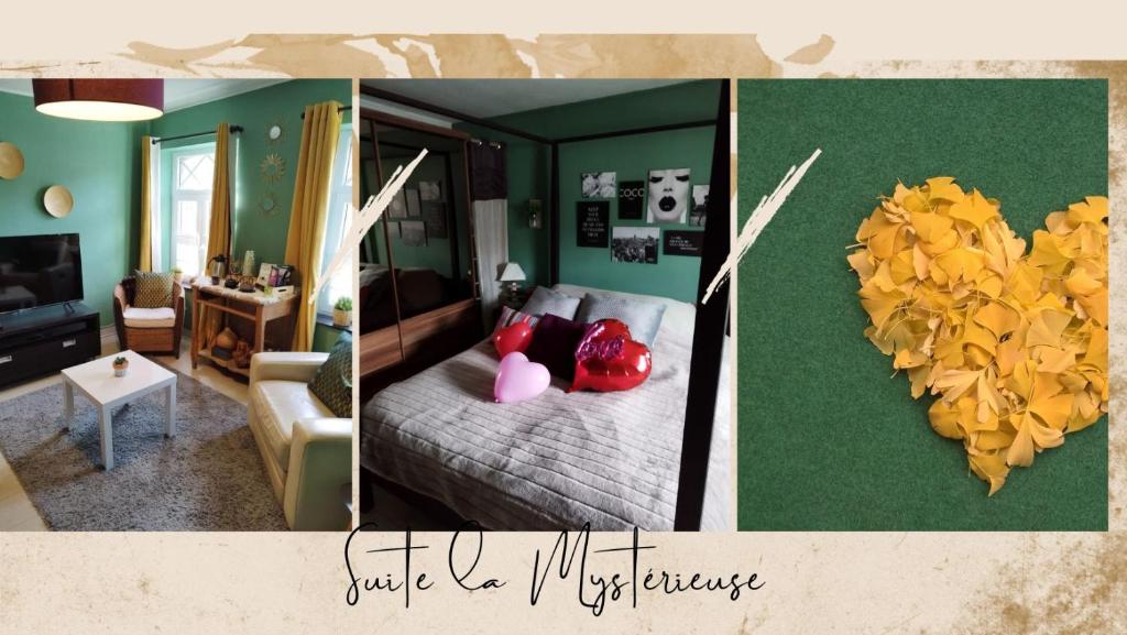 un collage de photos d'une chambre avec un mur en forme de cœur dans l'établissement Maison d hôtes Les Notes Endormies " Suite La Mystérieuse", à Berzée