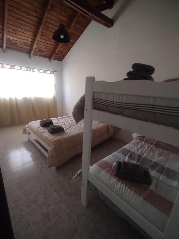 Un dormitorio con dos literas y una ventana. en Complejo 1919, en El Bolsón