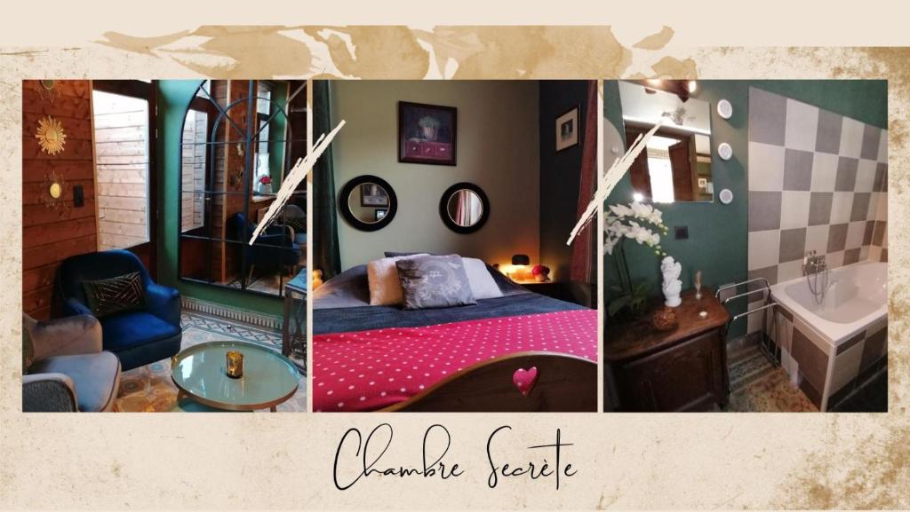 un collage de photos d'une chambre et d'une salle de bains dans l'établissement Maison d'hôte Les Notes Endormie Chambre Secrète, à Berzée